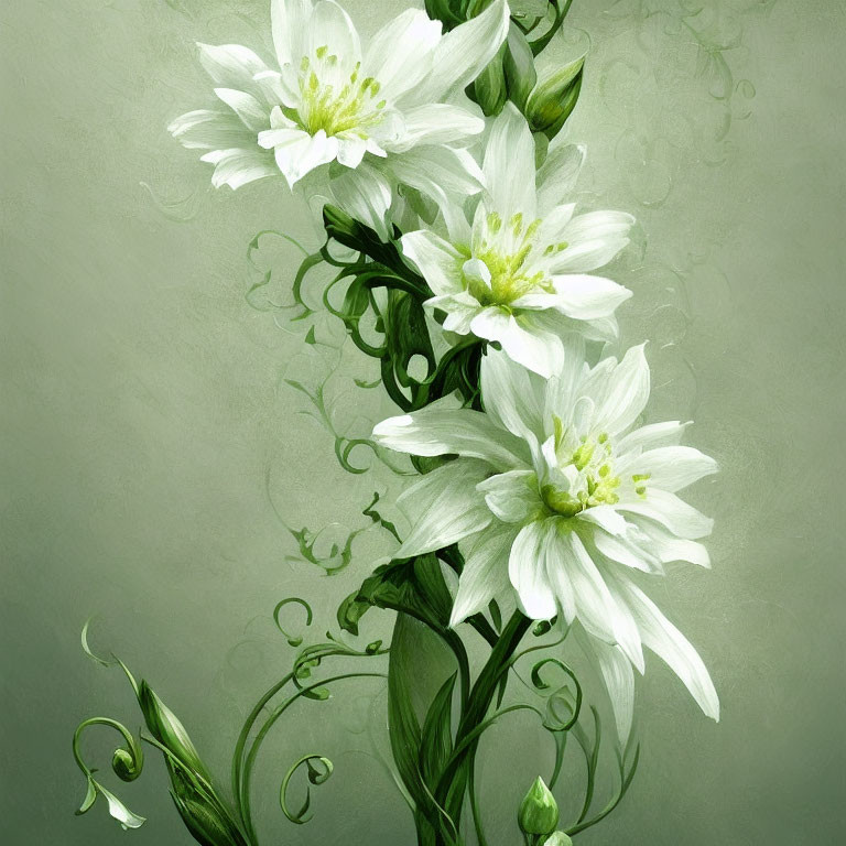 Three white flowers on textured green background with swirl details