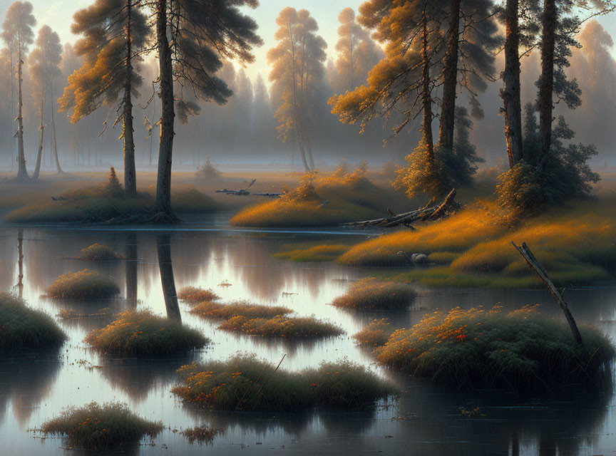 Tranquil forest scene with water reflections and sunlight filtering through trees