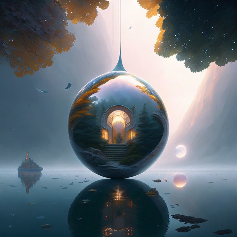 Fantastical landscape with floating glass orb, grand archway, serene lake, misty mountains.