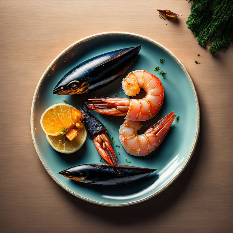 Plate of seafood with fish, shrimp, lemon, herbs, and spices on wooden table