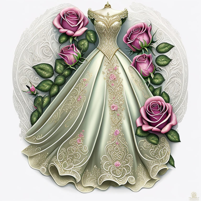 Floral motif elegant dress illustration with pink roses and ornate design