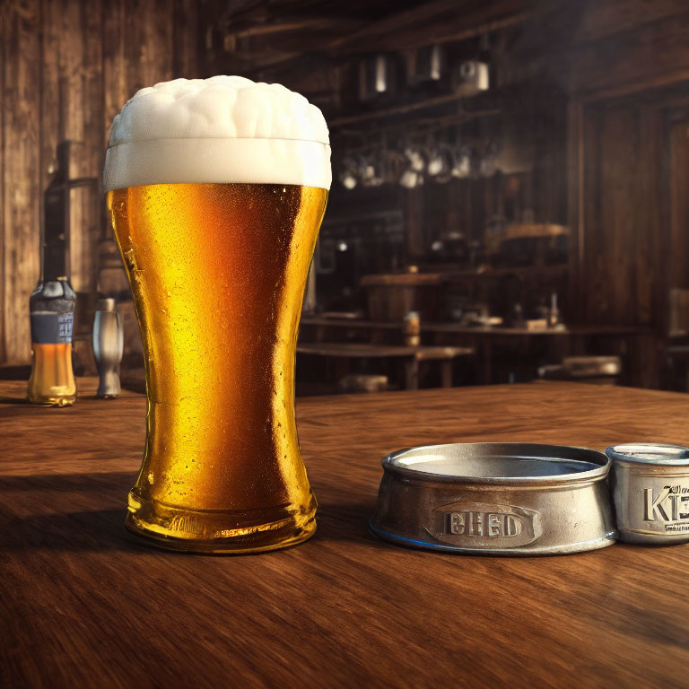 Foamy Beer Glass on Wooden Bar with Ashtray and Cans