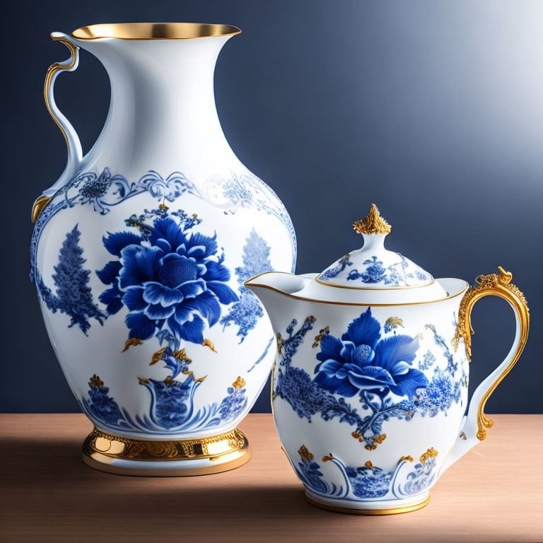 Porcelain vase and teapot with blue floral patterns and gold accents