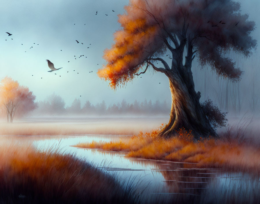 Tranquil painting of old tree by misty lake at dawn