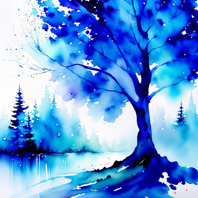 Blue tree watercolor painting with starry sky and forest background.