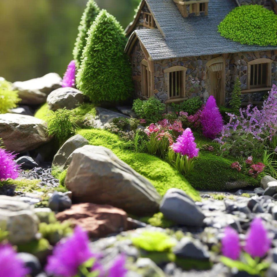 Miniature stone house with moss roof in fairy tale garden scene