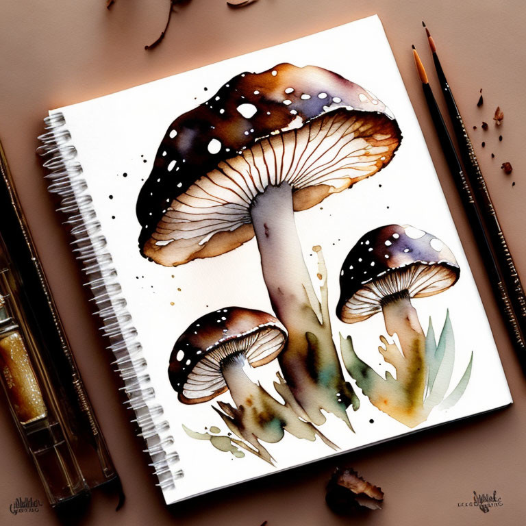 Watercolor painting of mushrooms on spiral notebook with paintbrushes and tubes in earthy tones