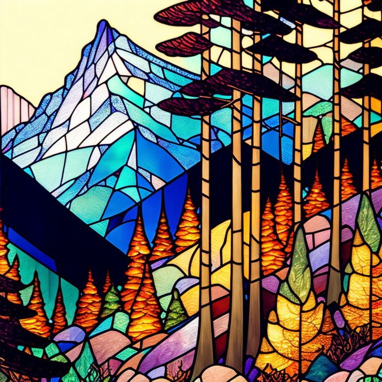 Colorful Stained Glass Mountain Landscape with Trees