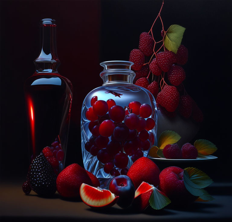 Red-tinted bottle with fruits in moody setting