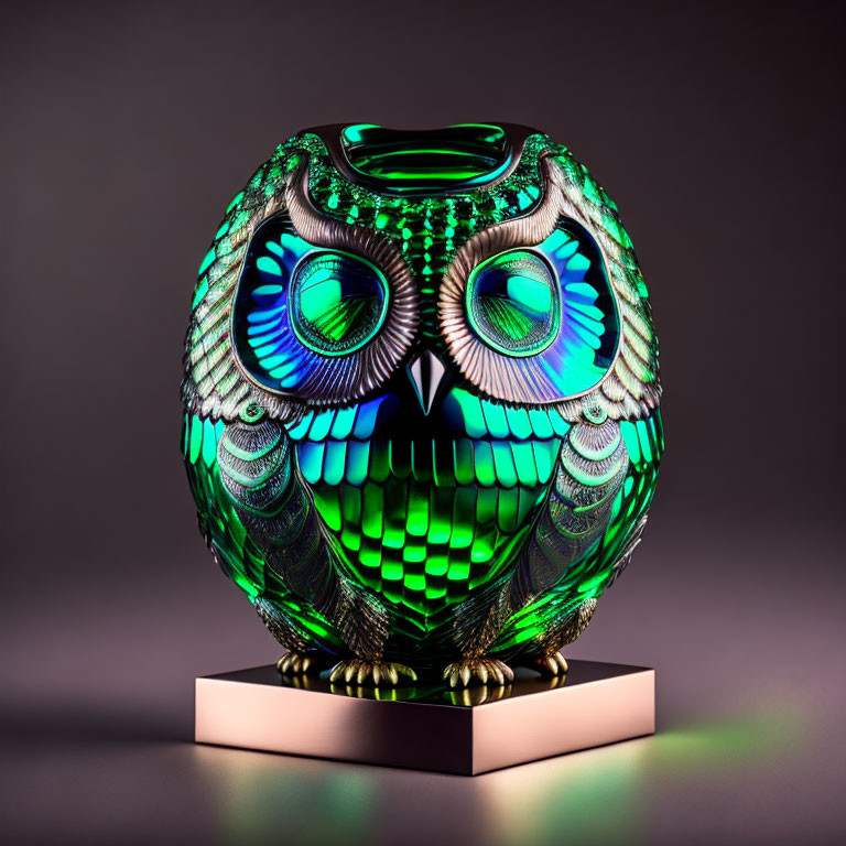 Iridescent glass owl sculpture with green and blue pattern on dark background