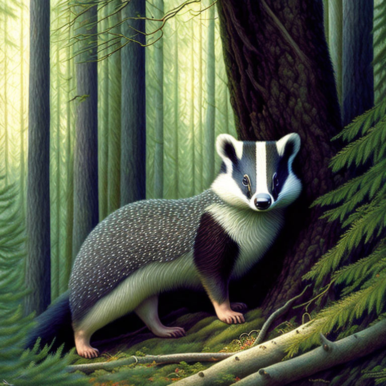 Realistic illustration of badger in dense forest with sunlight filtering through trees