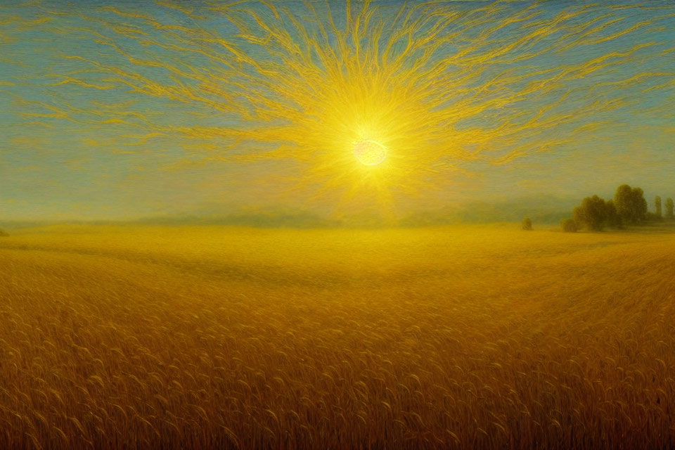 Stylized sun over golden wheat field with swirling yellow lines