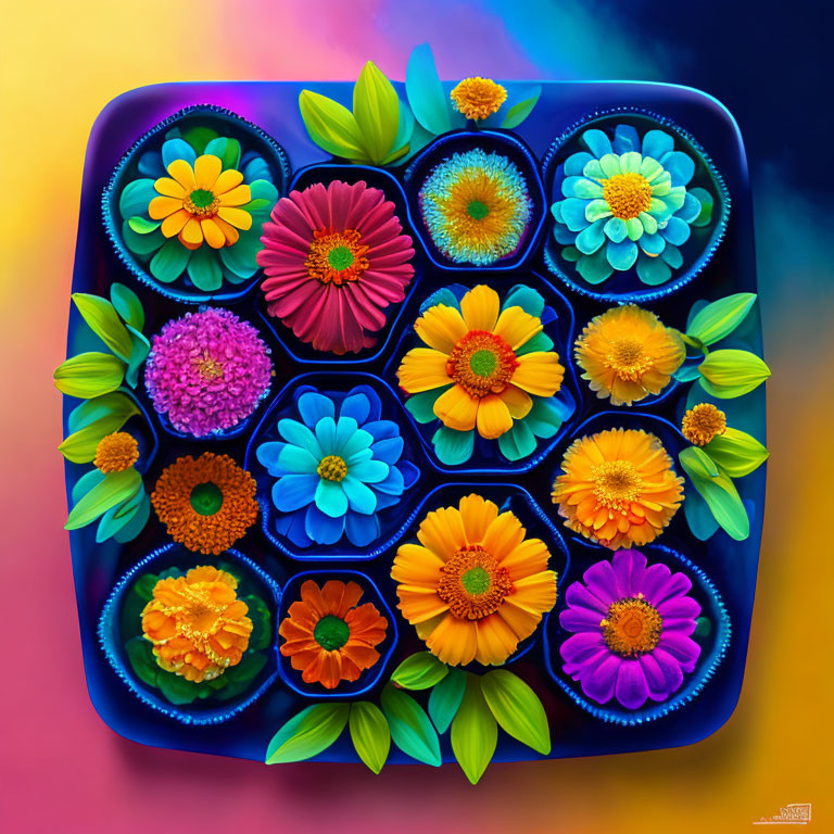 Colorful digital flower art in geometric grid on gradient backdrop