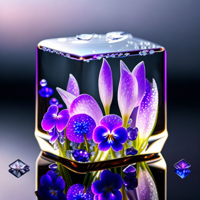 Colorful Flower in Clear Cube with Water Droplets and Gems