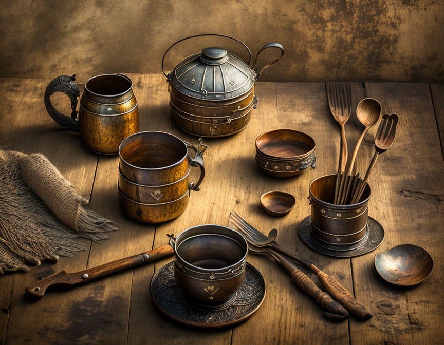 Rustic vintage metal tableware and utensils on wooden surface