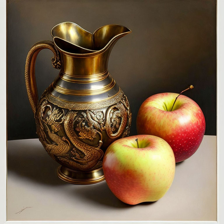 Golden pitcher with embossed dragons beside red and yellow apples on dark background