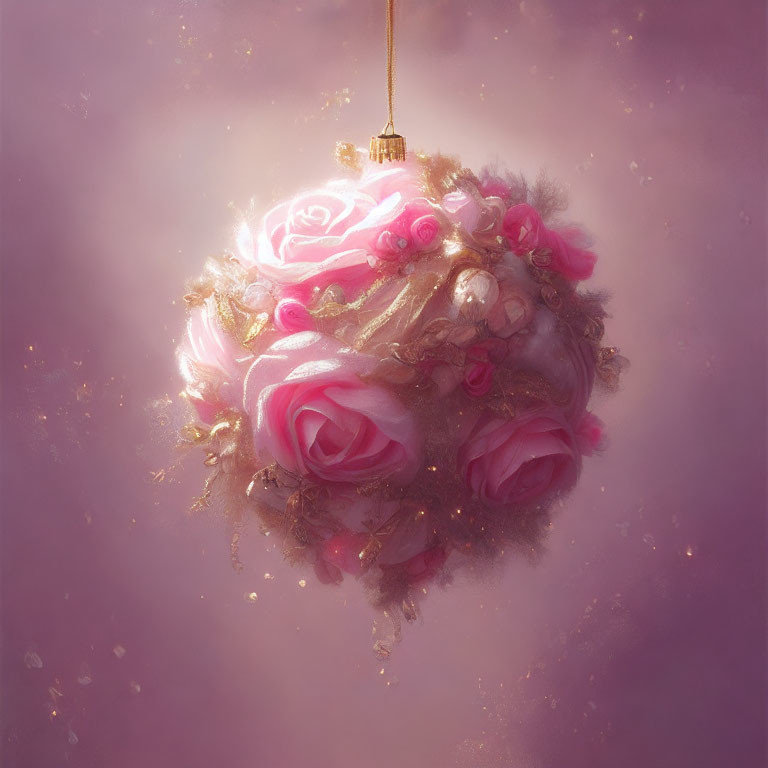 Floral Chandelier with Pink Roses and Gold Accents in Purple Mist