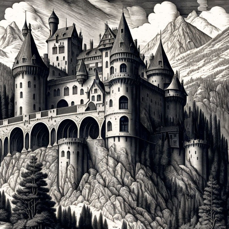 Detailed black and white medieval castle illustration on forest hill