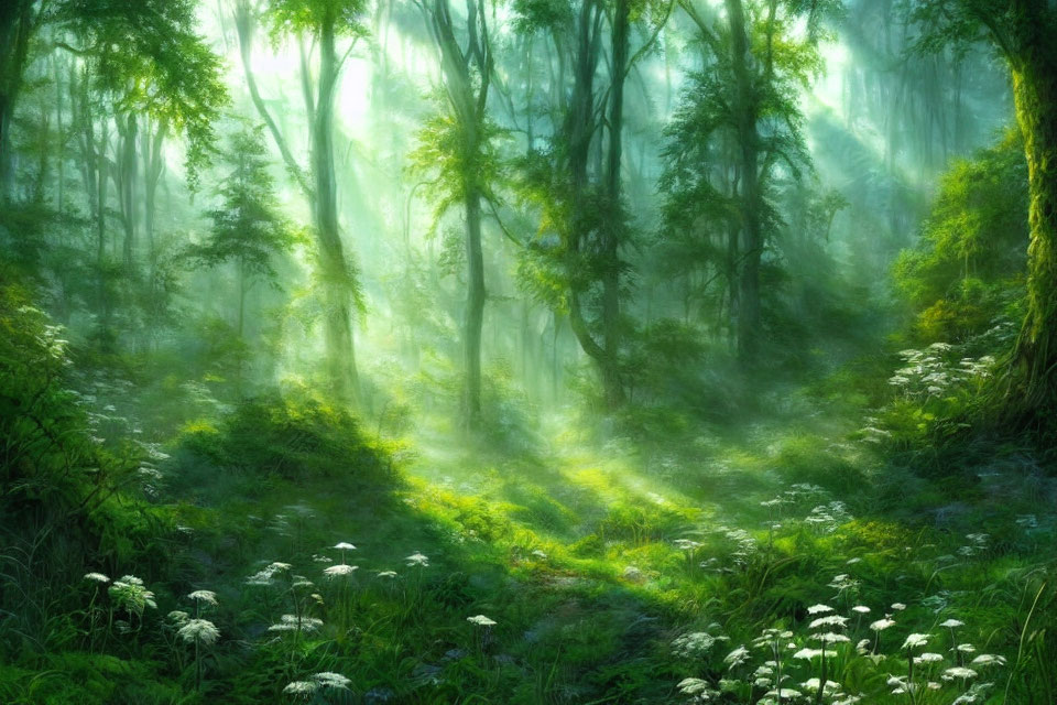 Sunlight illuminates misty green forest with wildflowers and mossy floor