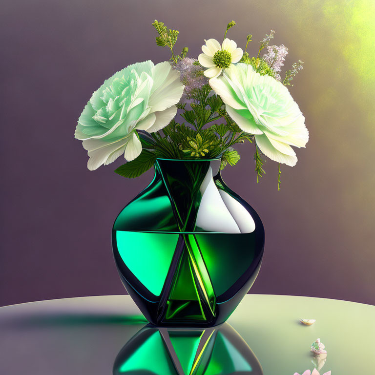 White flowers in geometric green and black vase on reflective surface