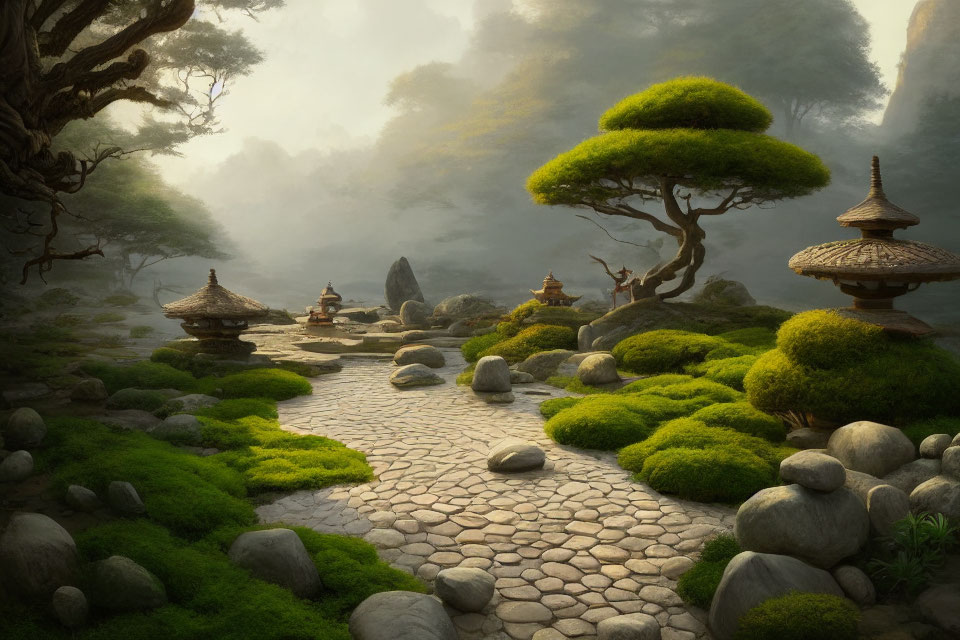 Tranquil Zen garden with moss, trimmed trees, lanterns, cobblestone path