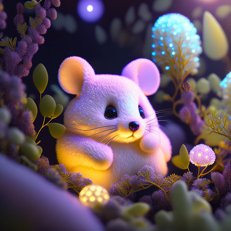 Whimsical glowing mouse in enchanted forest scene