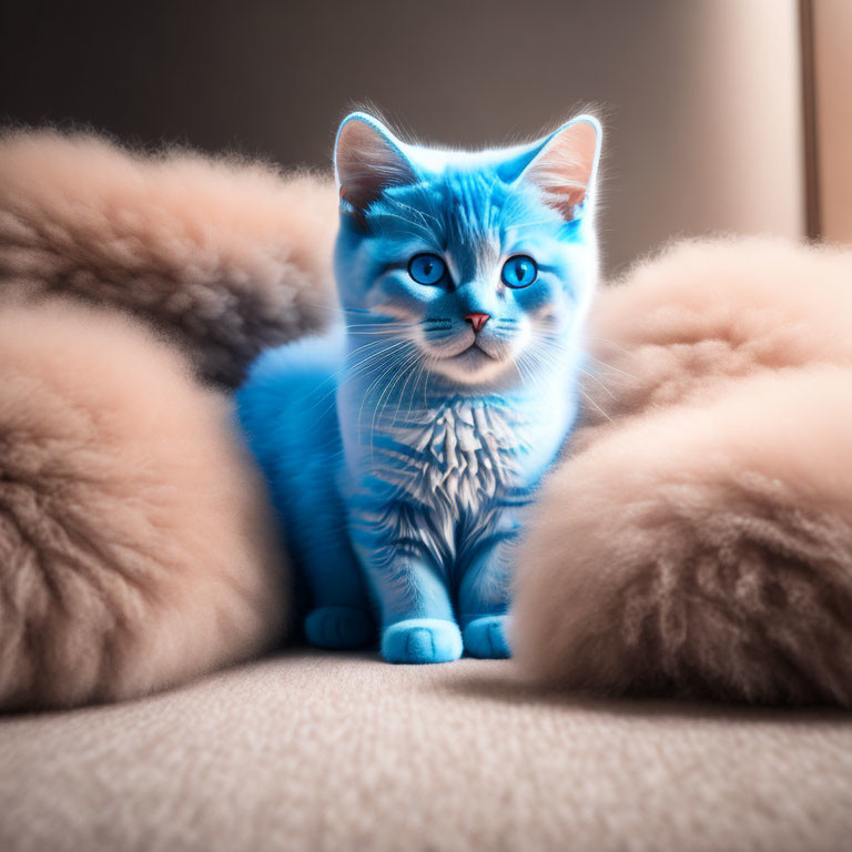 Blue-eyed bright blue kitten on tan cushions