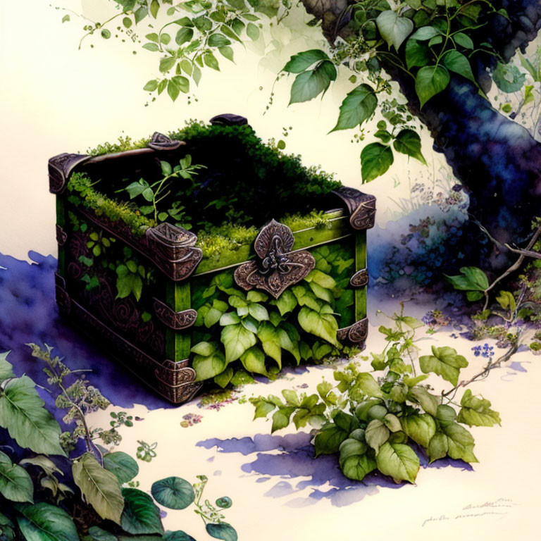 Ornate chest covered in greenery under tree shade