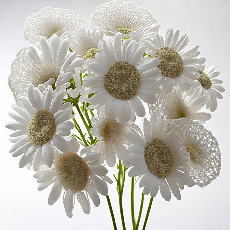 White daisies with intricate lace-like patterns on petals on soft white background