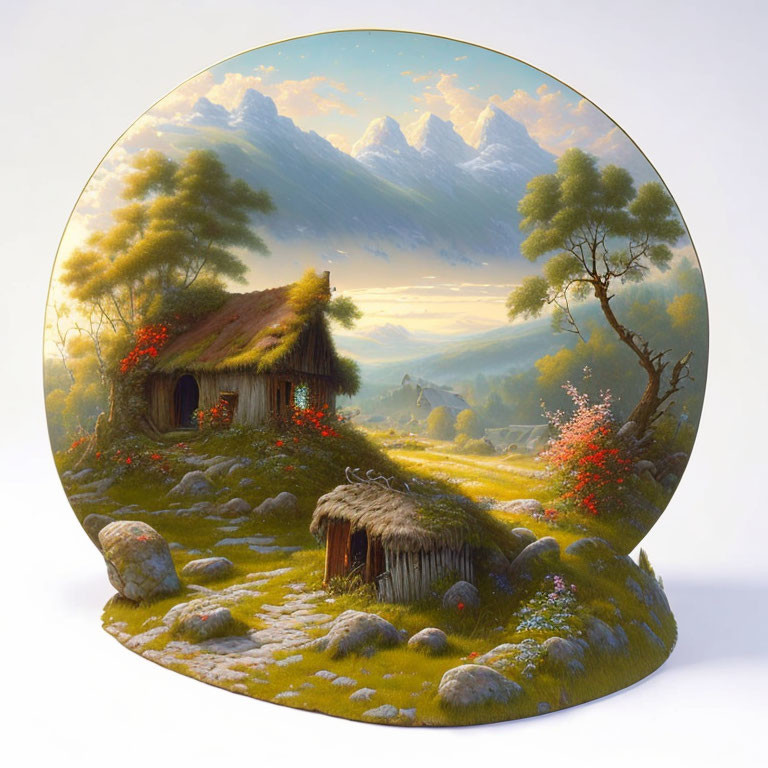 Circular Painting of Thatched Cottage in Serene Landscape