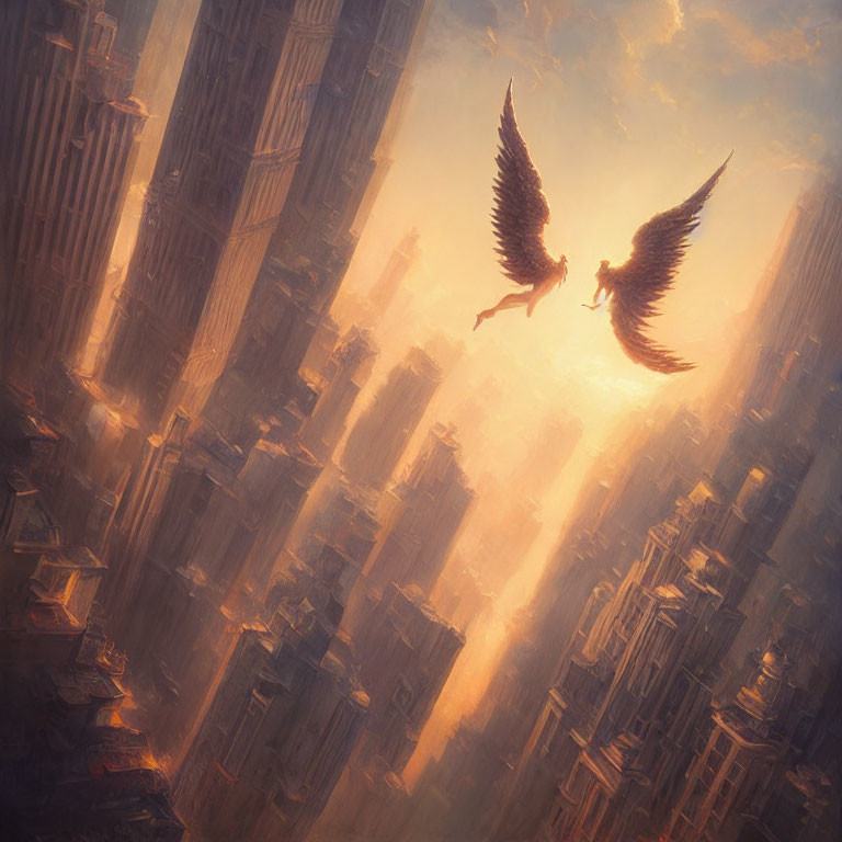 Two large birds soar over a sunlit, futuristic cityscape with towering skyscrapers.