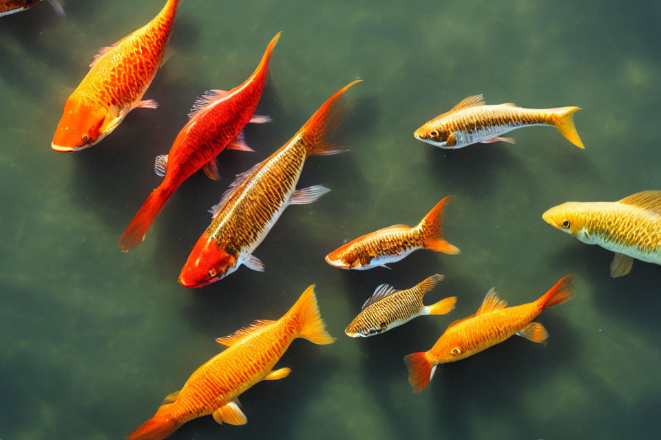 Colorful Koi Fish Swimming in Green Water