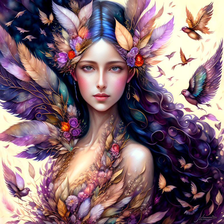 Vibrant woman with feathers and flowers, surrounded by birds