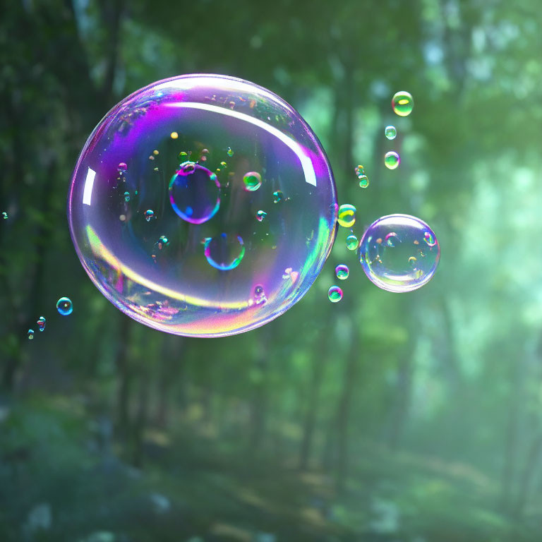 Colorful soap bubbles in sunlit forest with blurred green foliage.