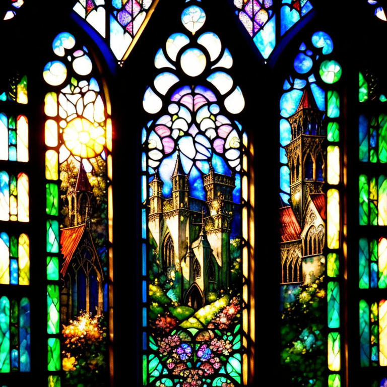 Gothic architecture and floral patterns in stained glass window