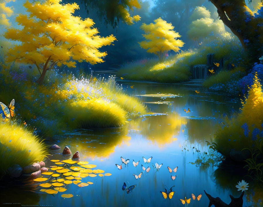 Tranquil scene of reflective pond with lush foliage, fireflies, and dancing butterflies