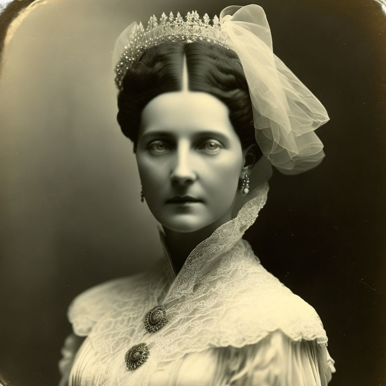 Elegant vintage portrait of woman in tiara and lace dress