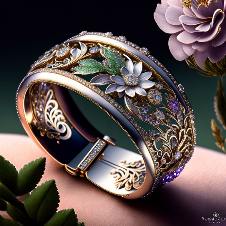 Floral bracelet with golden accents and gemstone on finger against dark background