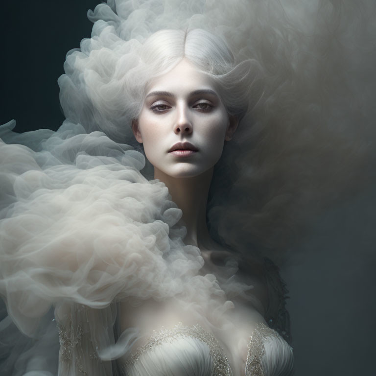 Pale-skinned woman with white hair in ethereal setting surrounded by translucent fabric