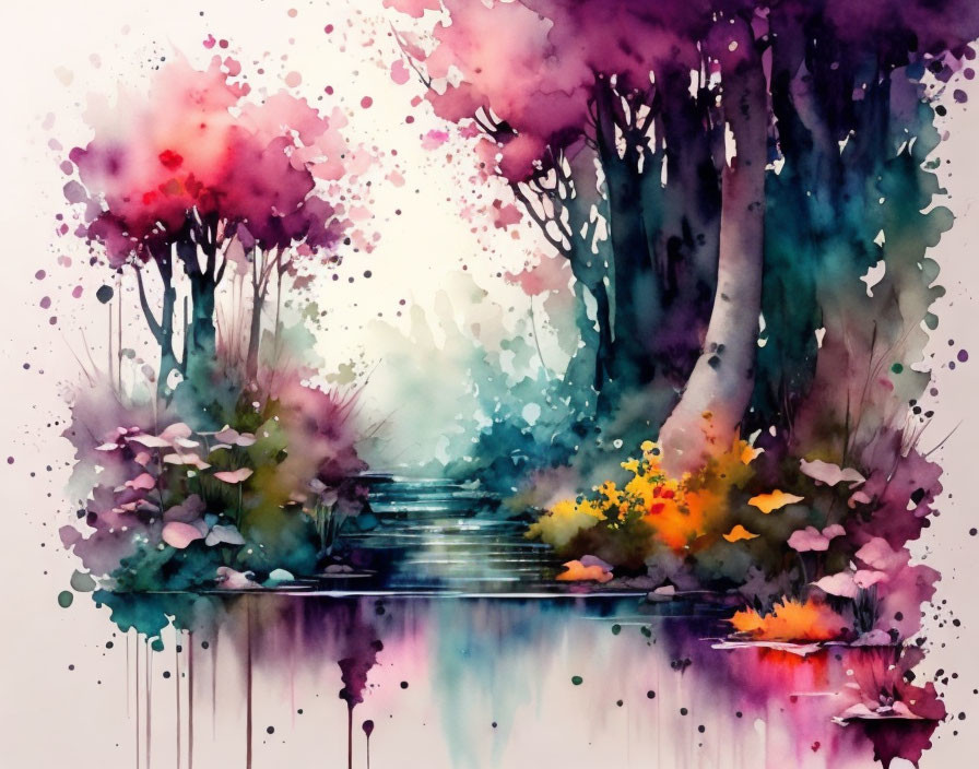 Colorful Watercolor Painting of Whimsical Forest Scene with Path and Blooming Flowers