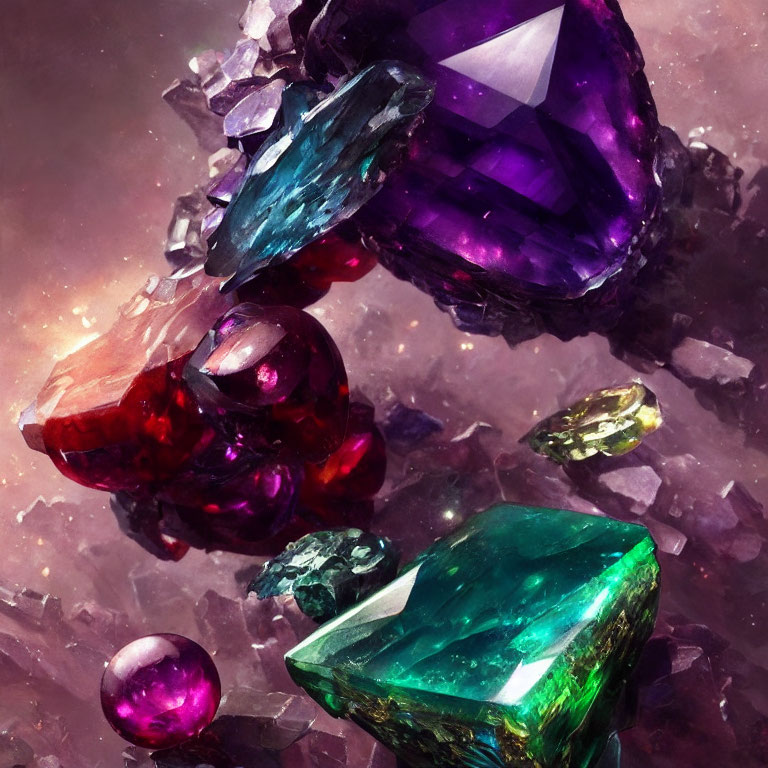 Colorful Floating Gemstones in Purple, Red, and Green on Cloudy Background