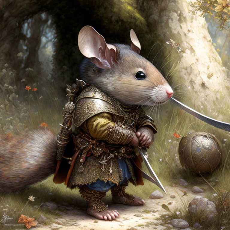 Anthropomorphic mouse in medieval armor with sword in forest.