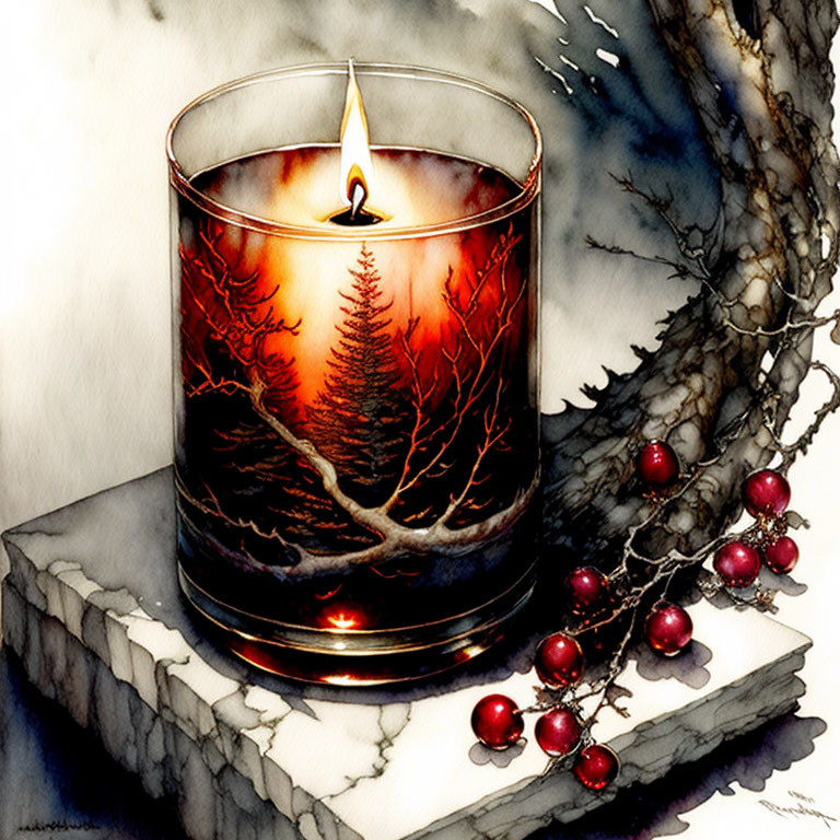 Candle in glass holder on stone surface with painted forest scene and branch with red berries