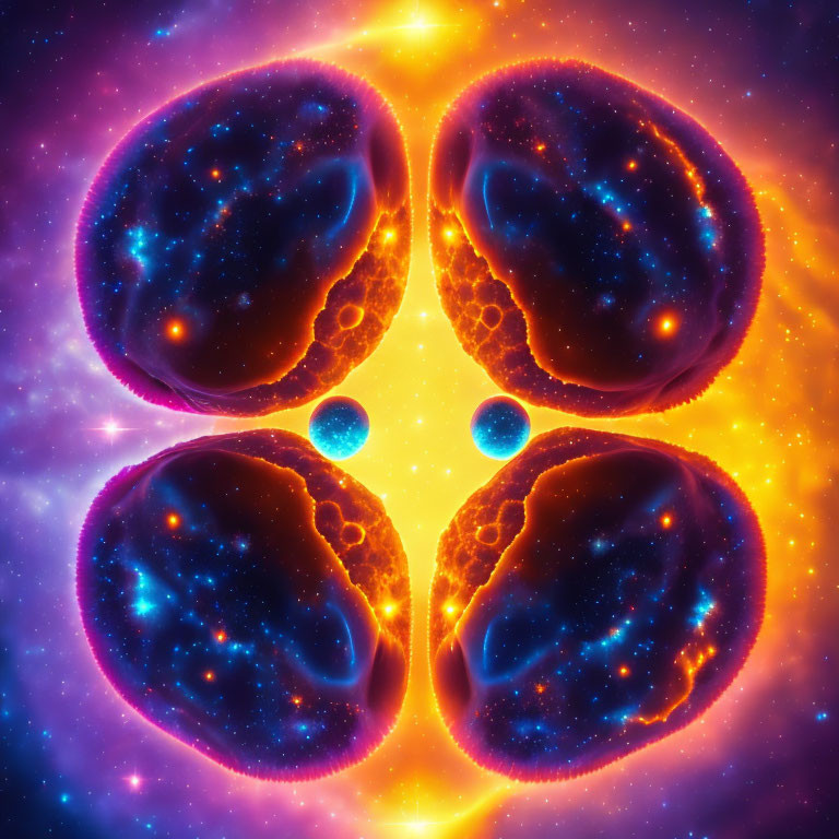 Symmetrical digital artwork: Four glowing fractal spheres in cosmic purple and orange.