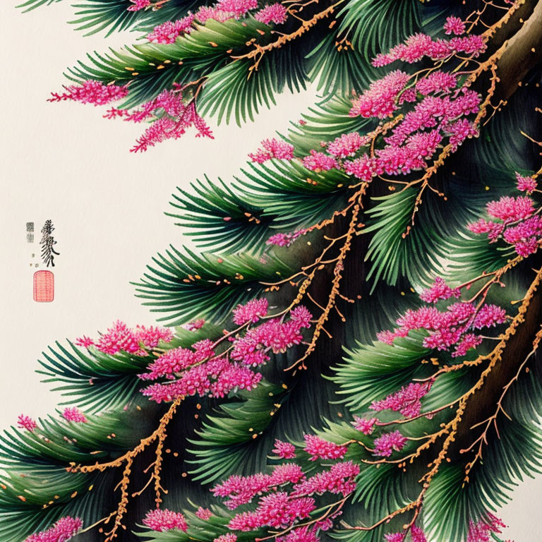 Asian-style painting: Pink flower tree with green leaves on pale background