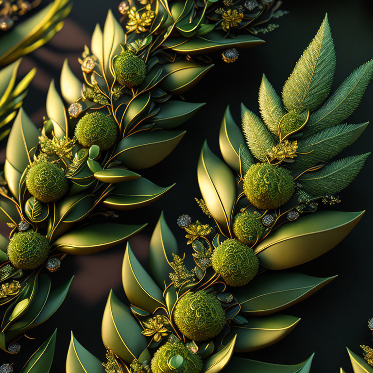 Stylized digital art: ornate foliage with golden and green leaves on dark backdrop