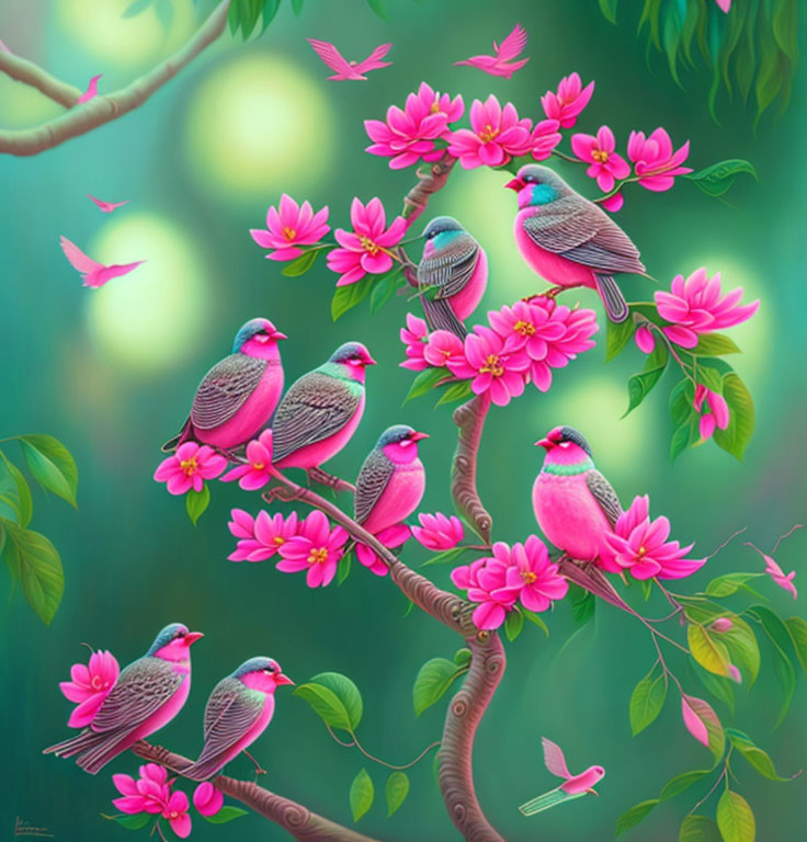 Colorful Pink Birds with Iridescent Feathers on Flowered Branches