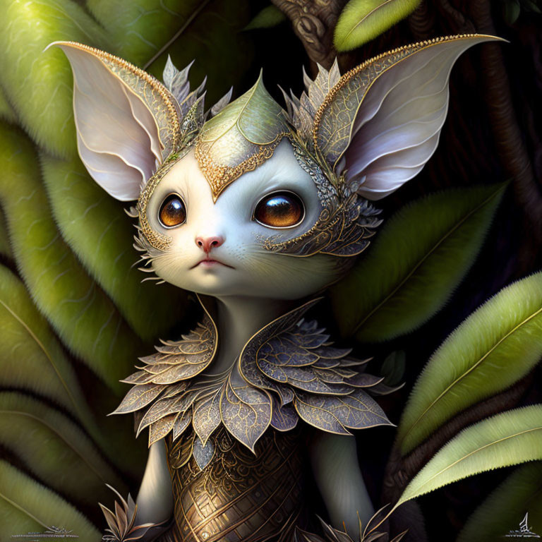 Fantasy feline creature with golden armor in lush green setting