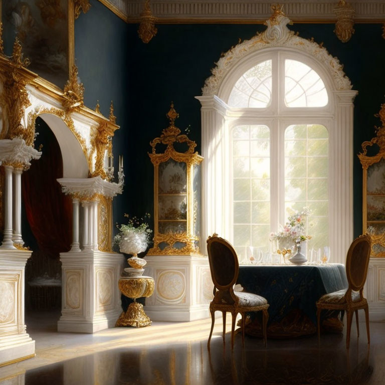 Luxurious room with gold-trimmed mirrors, arched window, elegant chairs, and sunlight.