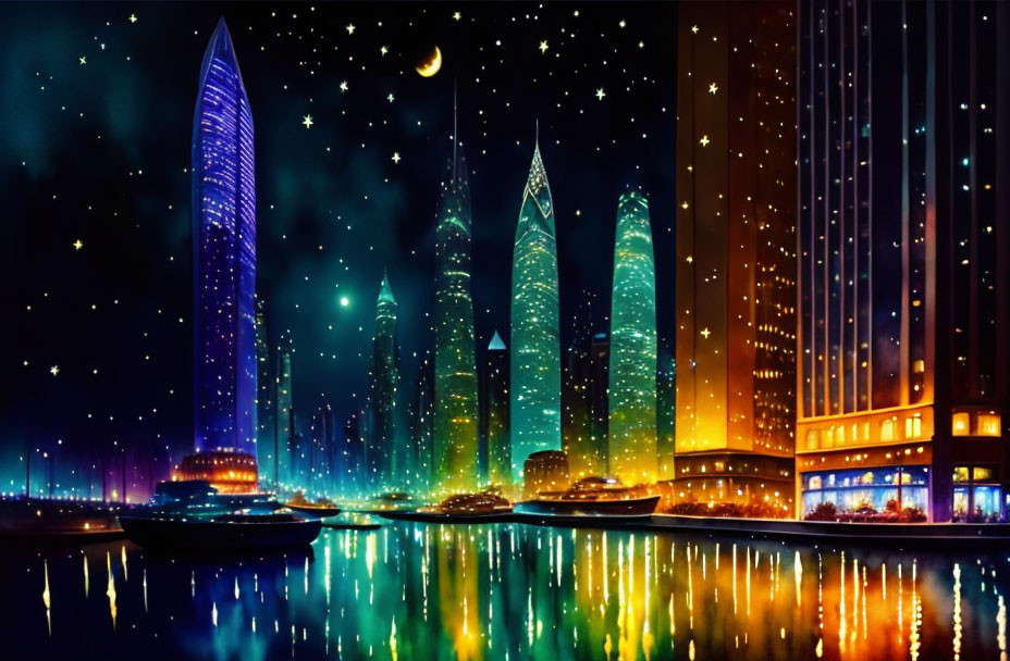 Cityscape: Vibrant night with illuminated skyscrapers, calm river, anchored boats, starry